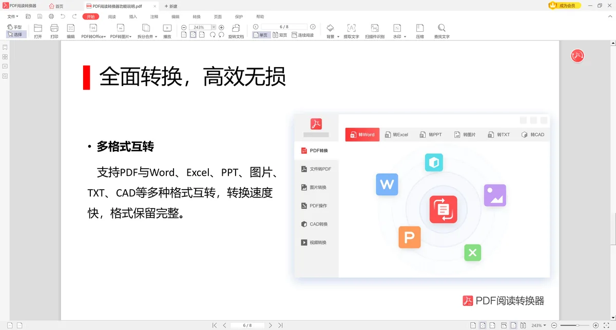 PDF阅读转换器中 PDF 格式转换功能的界面截图